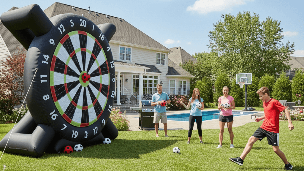 10ft inflatable soccer dart board for backyard interactive play, made of durable material for premium family events.