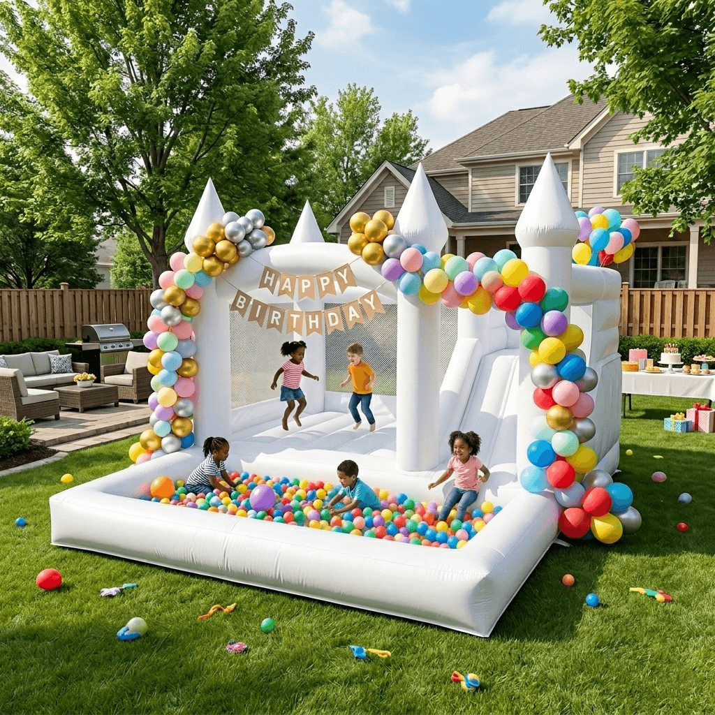 13ft Commercial White Bounce House for Kids White Jumping Castle with Slide & Ball Pool for Biday Backyard Toys Bouncinlife