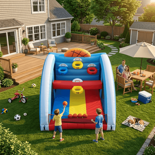 Bouncinlife 10x10FT Giant Inflatable Basketball Hoop Game - 4-Hoop Interactive Sports Target with Blower & 4 Balls for Backyard Parties & Carnival Fun Bouncinlife