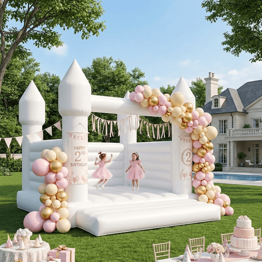 Bouncinlife 13ft PVC Commercial Grade White Bounce House for Wedding & White Bouncy Castle for Birthday Party in Backyard with Inflatable Fan Bouncinlife