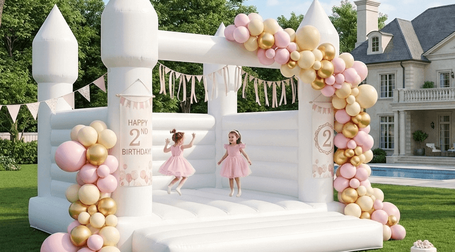 Luxury white inflatable bounce house castle for weddings and chic backyard parties, featuring high-end PVC and professional safety construction.