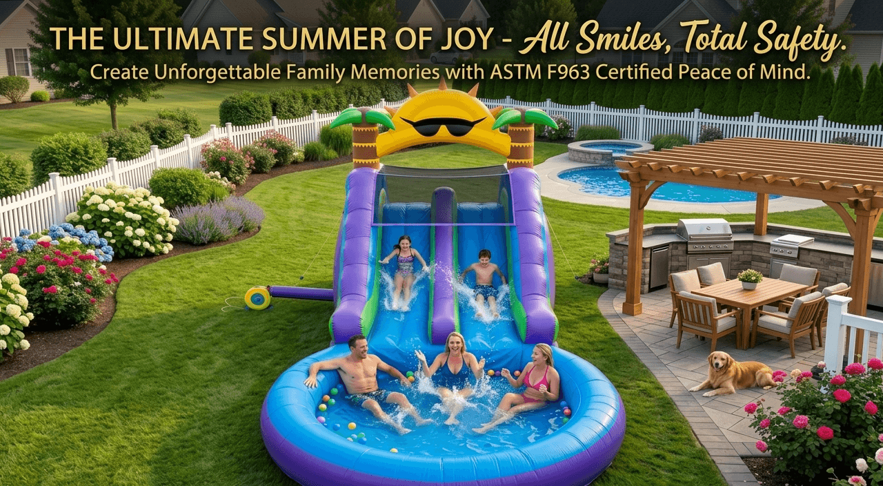 bouncinlife Inflatable water slide with pool in backyard, family playing, and pool area with pergola and grill.