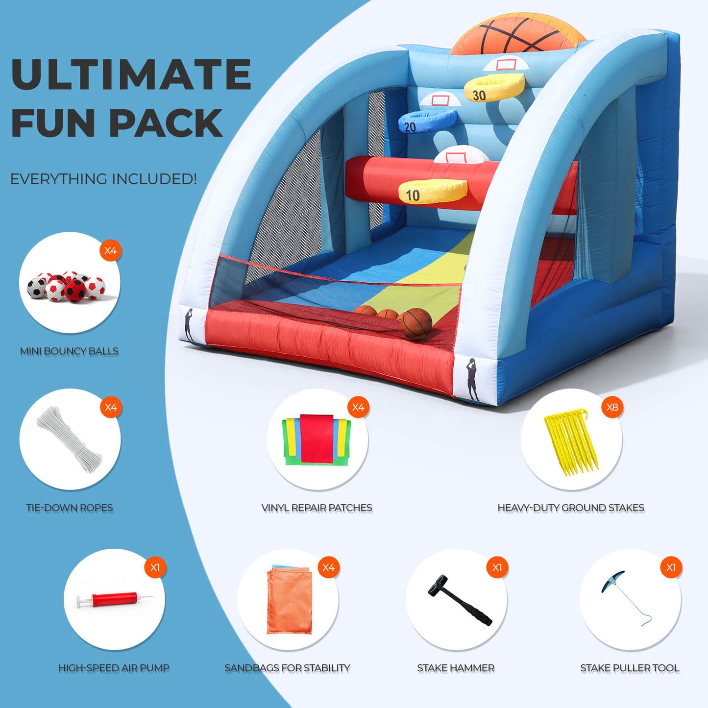 Bouncinlife 10x10FT Giant Inflatable Basketball Hoop Game - 4-Hoop Interactive Sports Target with Blower & 4 Balls for Backyard Parties & Carnival Fun Bouncinlife