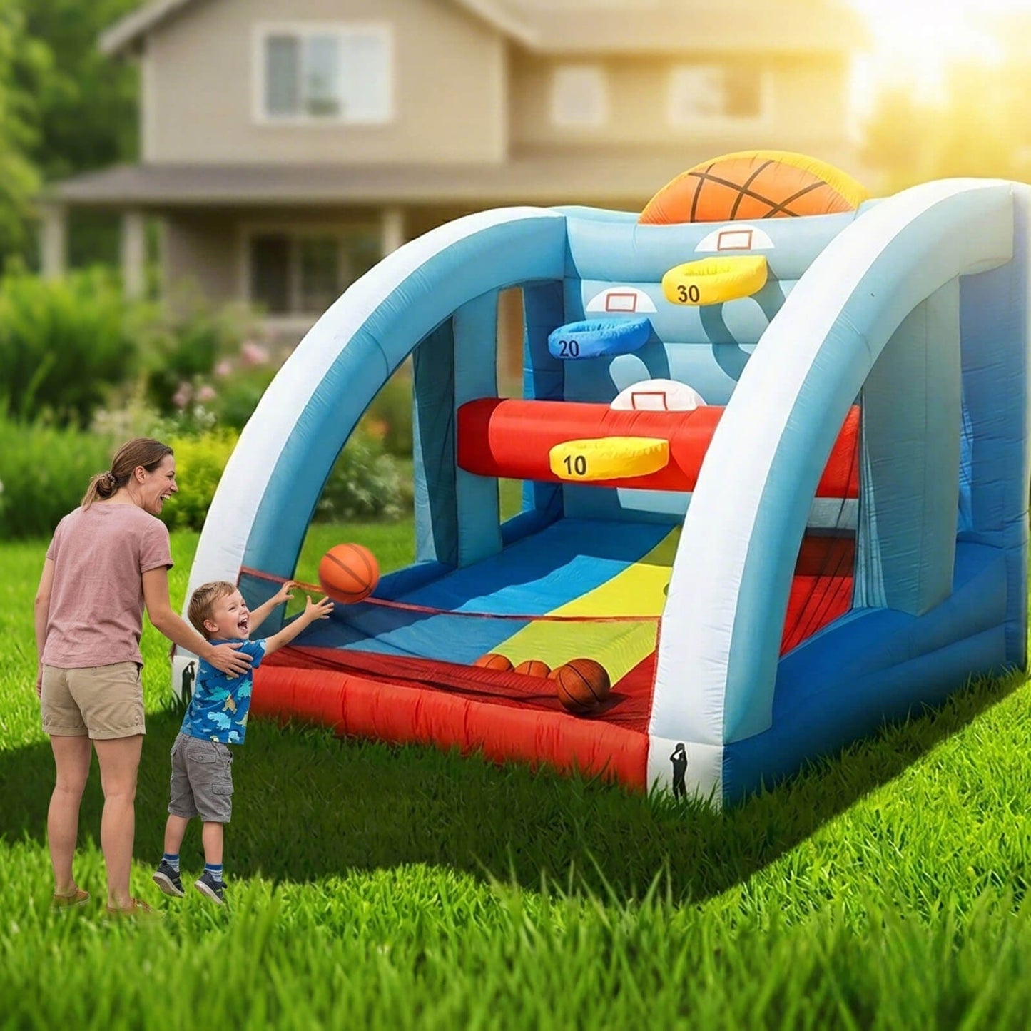 Bouncinlife 10x10FT Giant Inflatable Basketball Hoop Game - 4-Hoop Interactive Sports Target with Blower & 4 Balls for Backyard Parties & Carnival Fun Bouncinlife