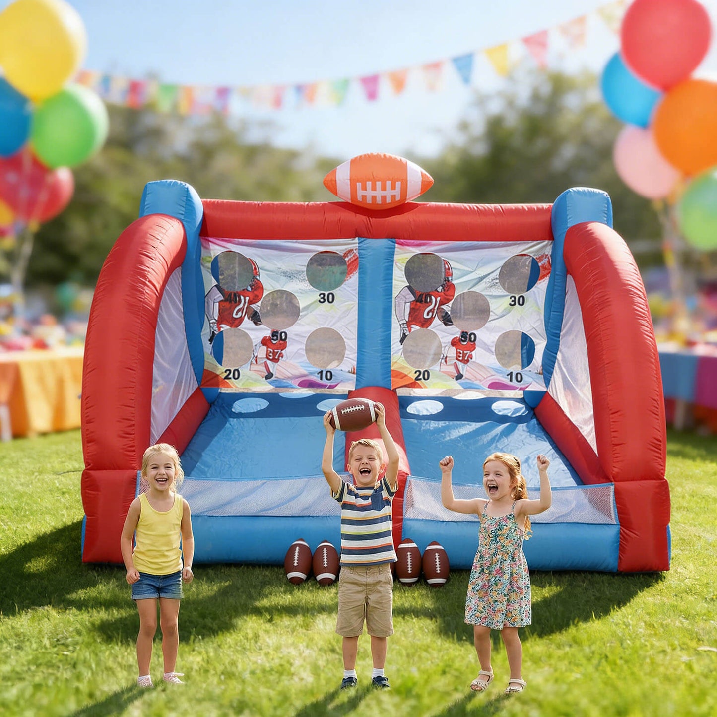 Bouncinlife 12.7FT Giant Inflatable Football Toss Game - Dual Lane Interactive Throwing Target with Blower & 6 Footballs for Backyard Carnival & Parties Bouncinlife