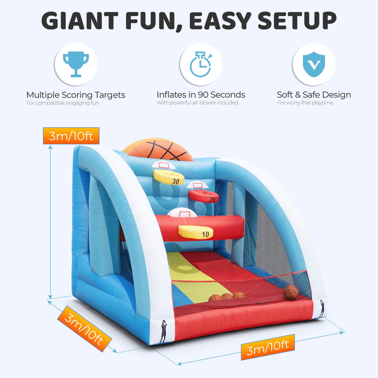 Bouncinlife 10x10FT Giant Inflatable Basketball Hoop Game - 4-Hoop Interactive Sports Target with Blower & 4 Balls for Backyard Parties & Carnival Fun Bouncinlife