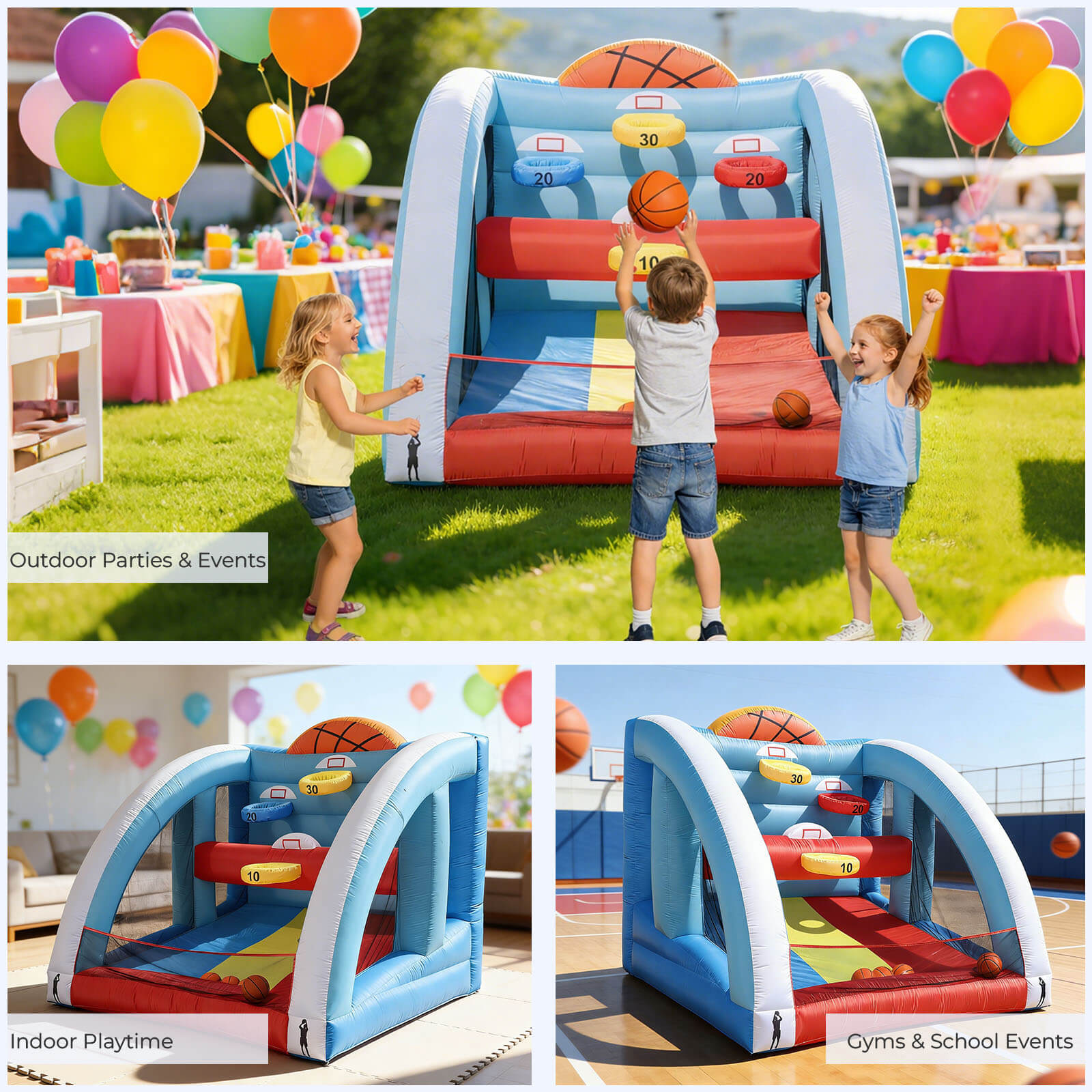 Bouncinlife 10x10FT Giant Inflatable Basketball Hoop Game - 4-Hoop Interactive Sports Target with Blower & 4 Balls for Backyard Parties & Carnival Fun Bouncinlife