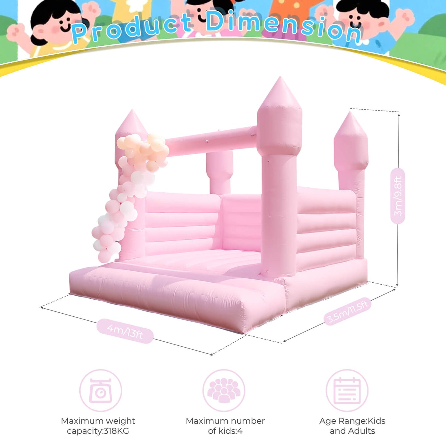13.5ft Pink Commercial Grade Bounce House with Blower Bouncinlife