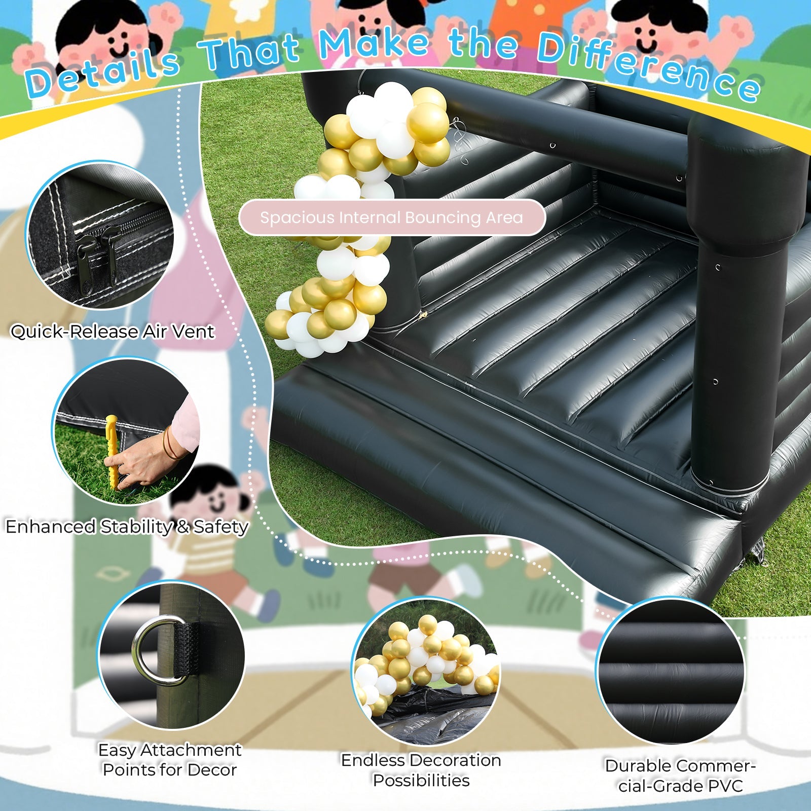 Black Bounce House 13.5FT PVC Commercial Grade Jumping Castle with Blower Bouncinlife