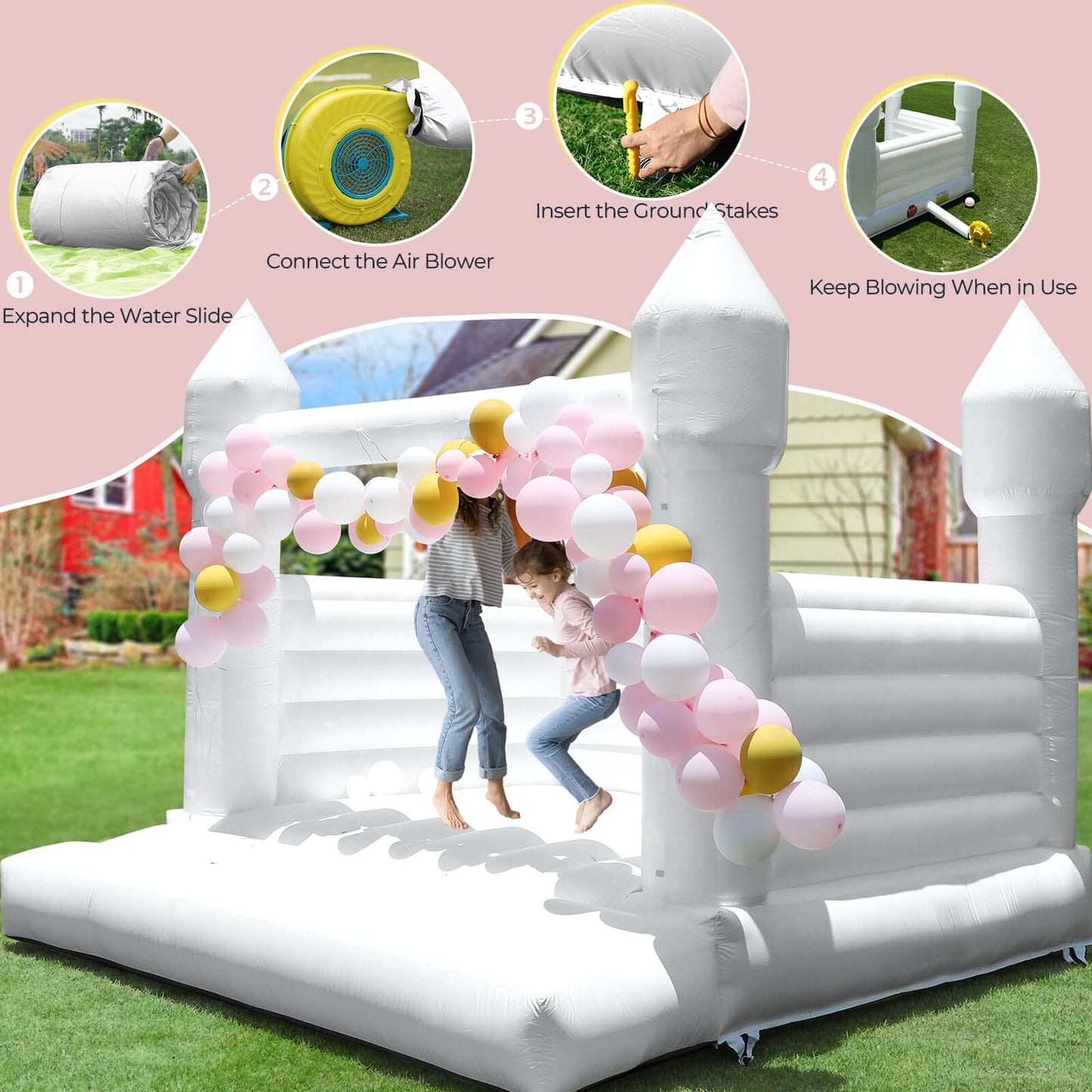 Bouncinlife 13ft PVC Commercial Grade White Bounce House for Wedding & White Bouncy Castle for Birthday Party in Backyard with Inflatable Fan Bouncinlife