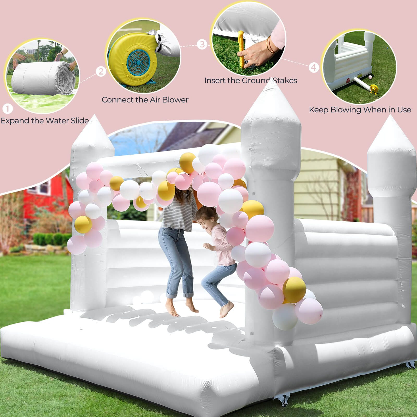 Bouncinlife 13ft PVC Commercial Grade White Bounce House for Wedding & White Bouncy Castle for Birthday Party in Backyard with Inflatable Fan Bouncinlife
