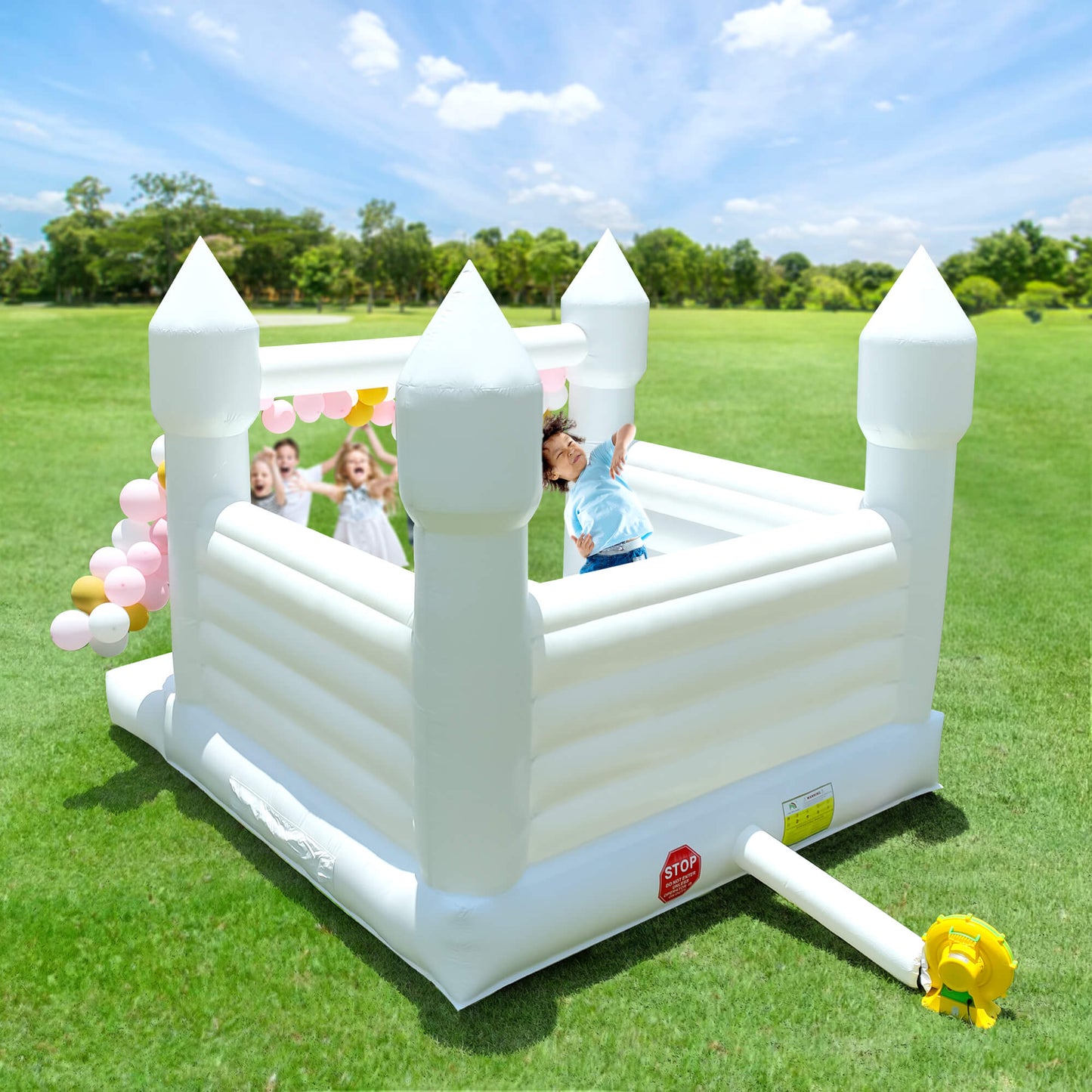 Bouncinlife 13ft PVC Commercial Grade White Bounce House for Wedding & White Bouncy Castle for Birthday Party in Backyard with Inflatable Fan Bouncinlife