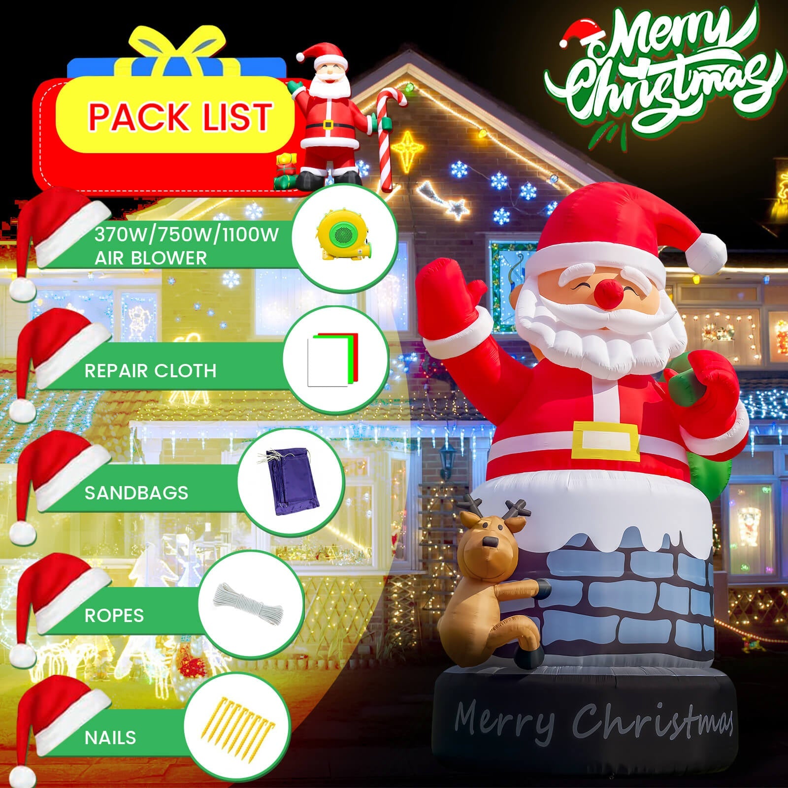 Lighted Christmas Inflatable Santa Claus Built-in LED Light 26/33ft Bouncinlife