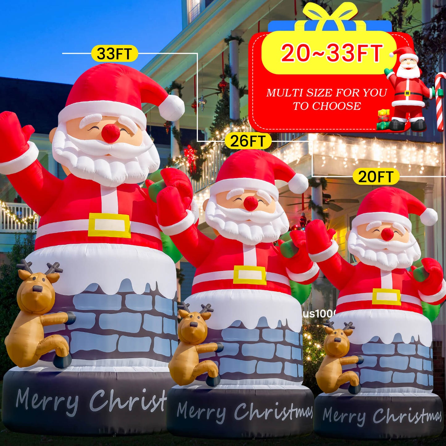 Lighted Christmas Inflatable Santa Claus Built-in LED Light 26/33ft Bouncinlife
