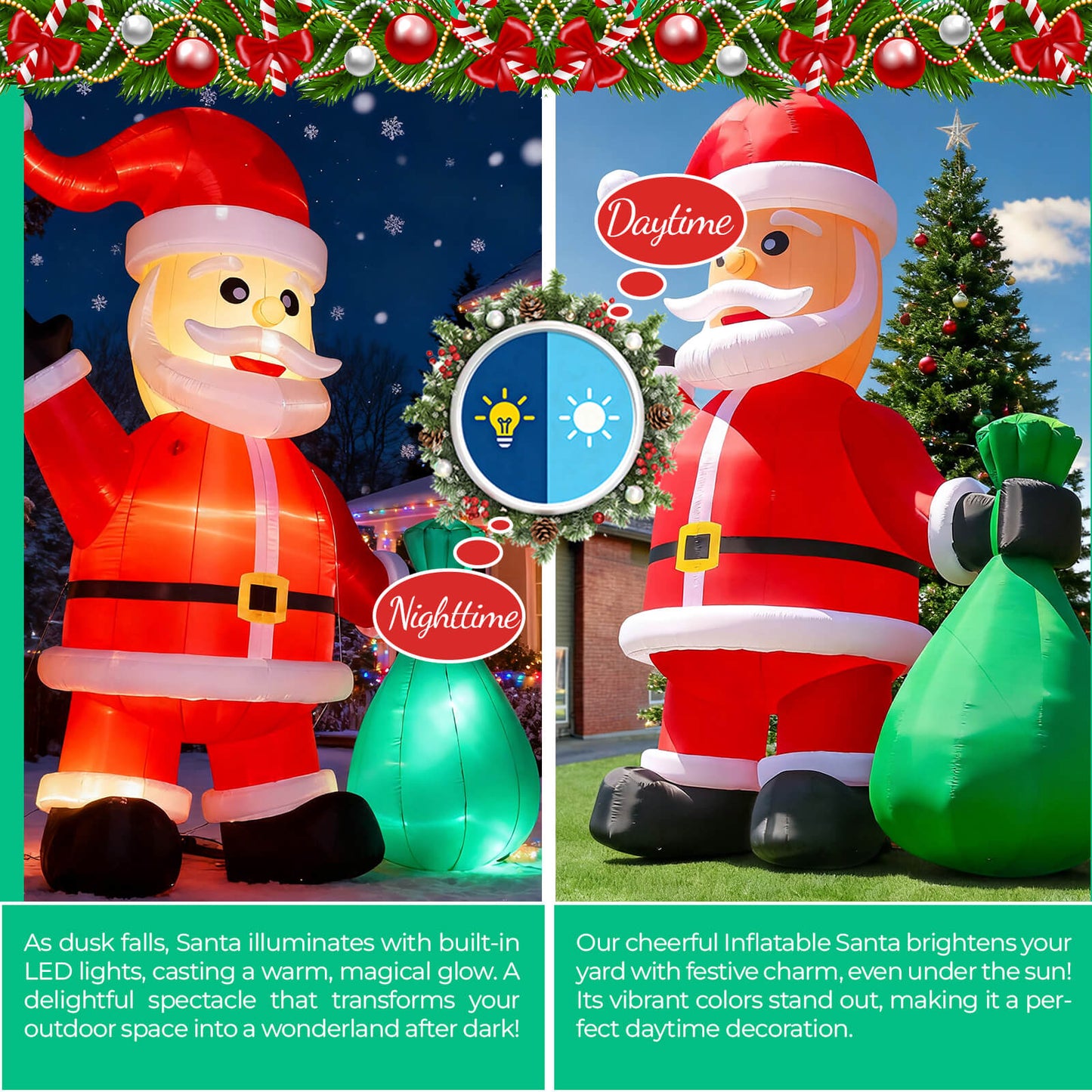 Lighted Christmas Inflatable Santa Built-in LED Light 26/33ft Bouncinlife