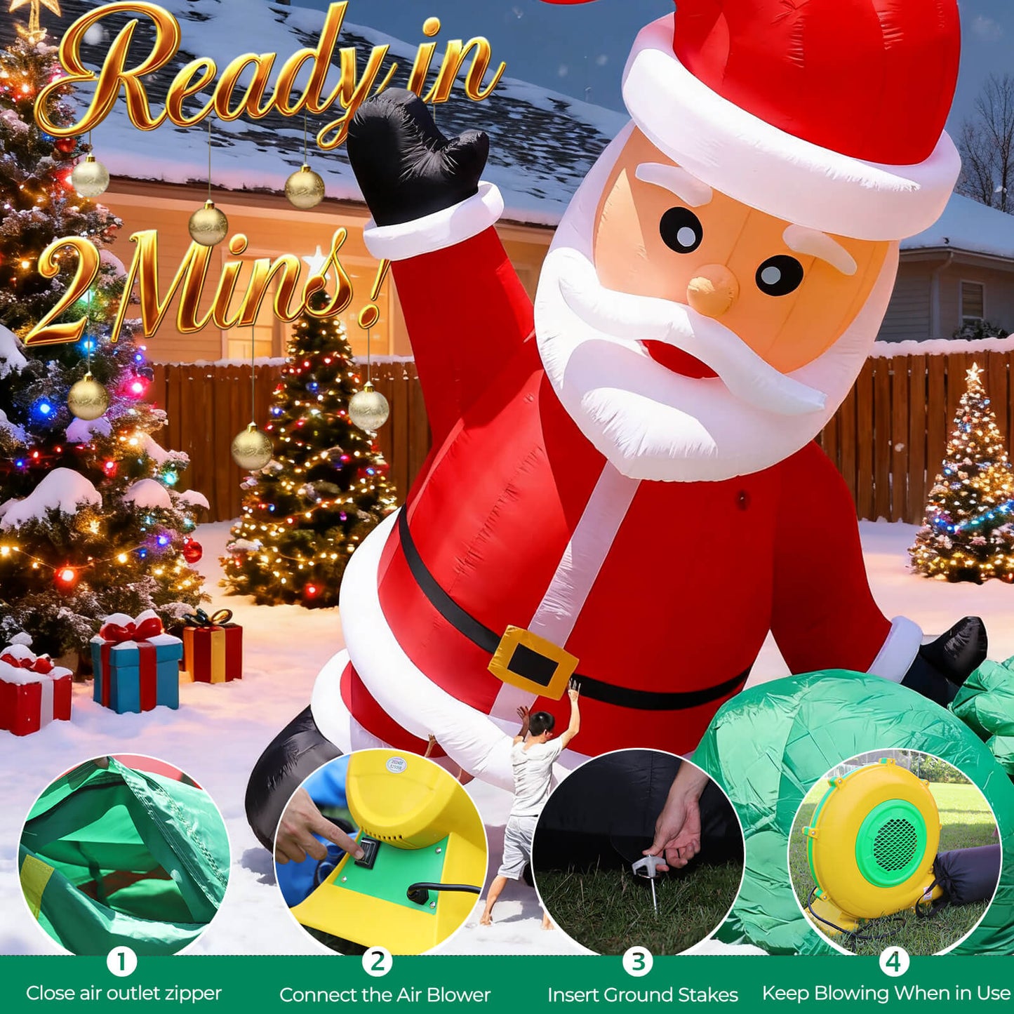 Lighted Christmas Inflatable Santa Built-in LED Light 26/33ft Bouncinlife