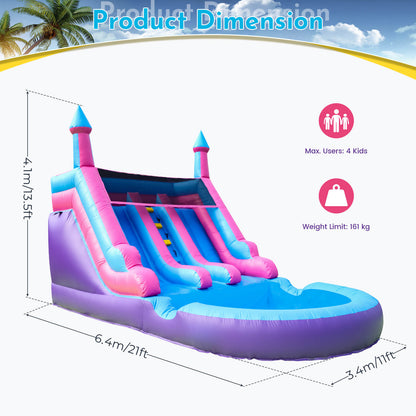 Inflatable water slide with castle design, dimensions, and user capacity displayed.