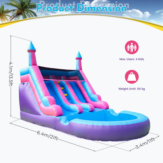 Inflatable water slide with castle design, dimensions, and user capacity displayed.