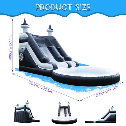 Kids 24FT Commercial Water Slide Inflatable Water Slider 100% PVC Inflatable Kids Jumper Bounce House for Wet Dry with Slide Pool - Black White