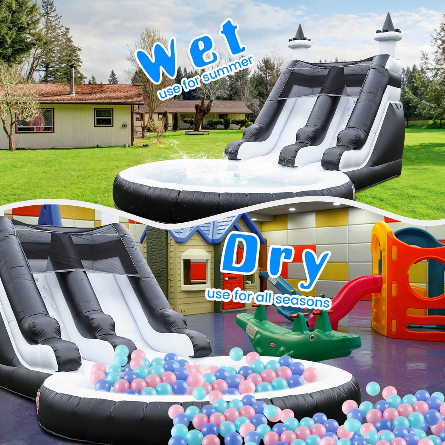 Kids 24FT Commercial Water Slide Inflatable Water Slider 100% PVC Inflatable Kids Jumper Bounce House for Wet Dry with Slide Pool - Black White