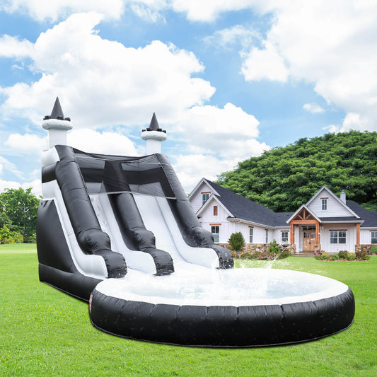 Kids 24FT Commercial Water Slide Inflatable Water Slider 100% PVC Inflatable Kids Jumper Bounce House for Wet Dry with Slide Pool - Black White