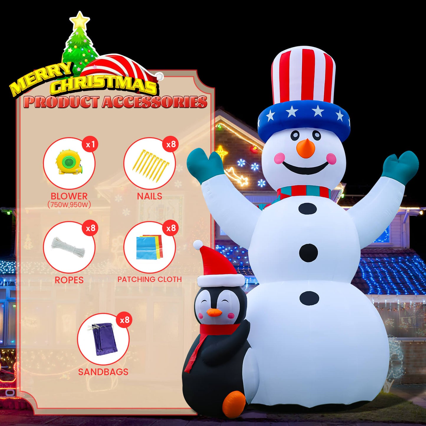 26 / 33 FT Christmas Inflatable Snowman with Penguins, Durable Snowman Inflatable Outdoor,Blow Up Snowman Inflatable for Yard Decoration