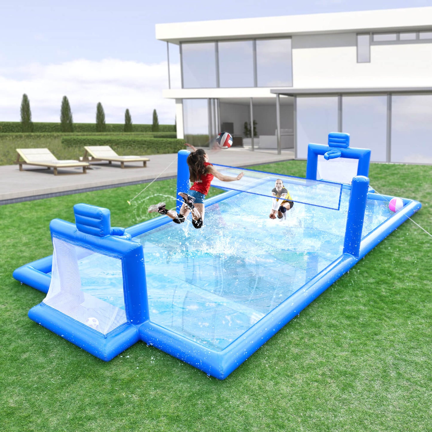 33 FT Inflatable Volleyball Court 2 in 1 Volleyball Pool Football Court Water Soccer Basketball Field with Blower for Beach Outdoor Party