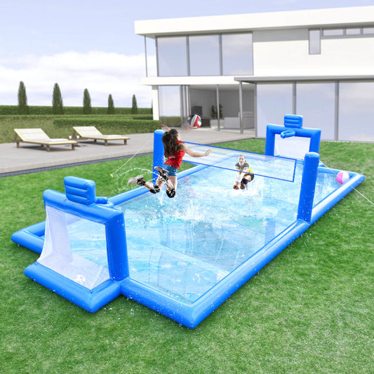 33 FT Inflatable Volleyball Court 2 in 1 Volleyball Pool Football Court Water Soccer Basketball Field with Blower for Beach Outdoor Party
