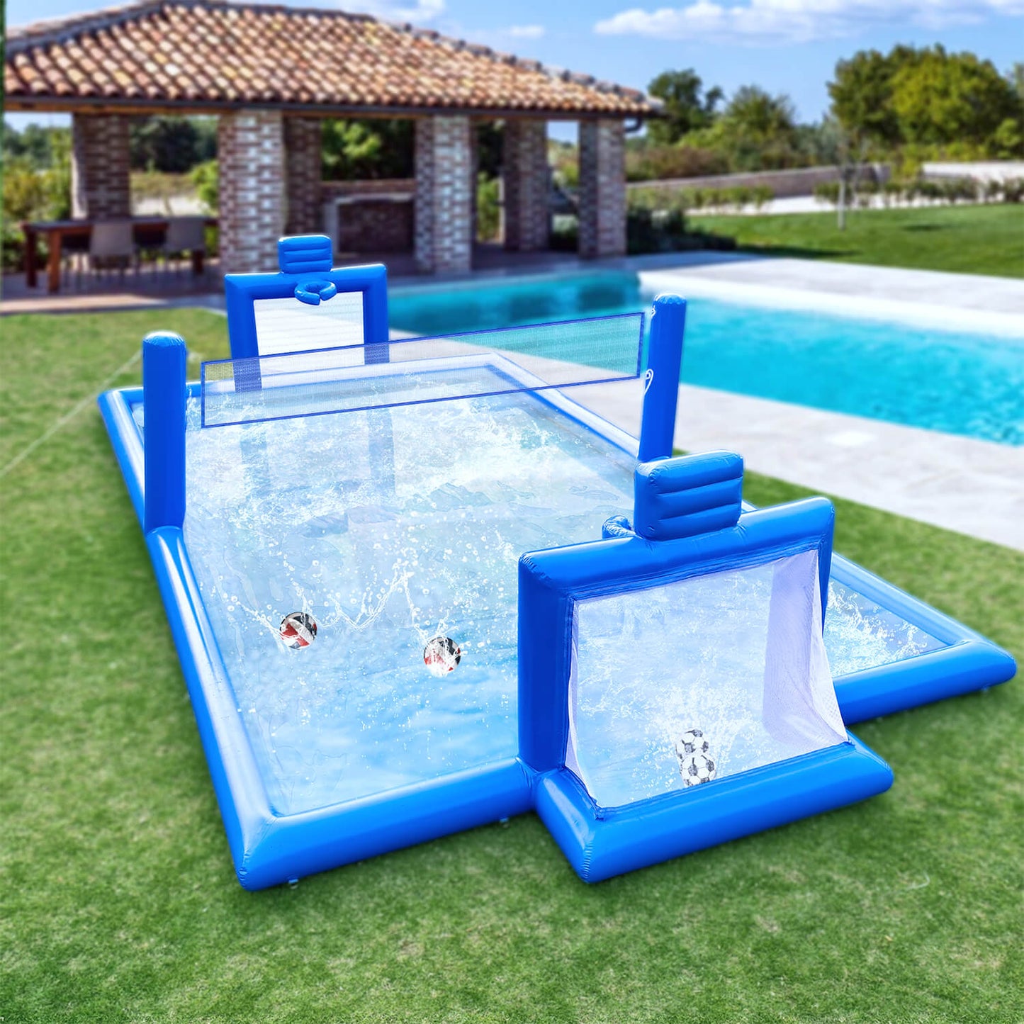 33 FT Inflatable Volleyball Court 2 in 1 Volleyball Pool Football Court Water Soccer Basketball Field with Blower for Beach Outdoor Party