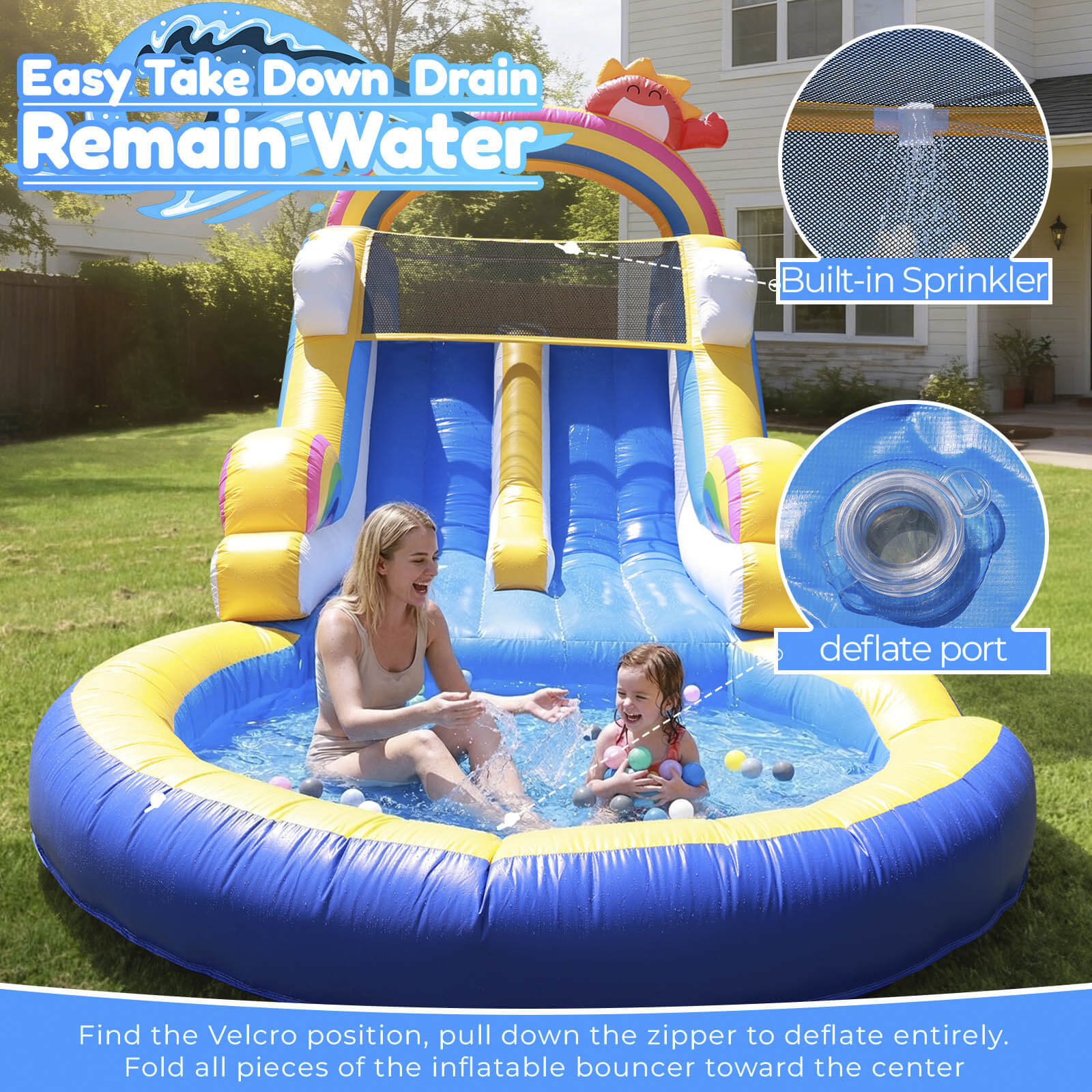 Inflatable water slide and pool with a woman and child playing, set against a grassy backyard.