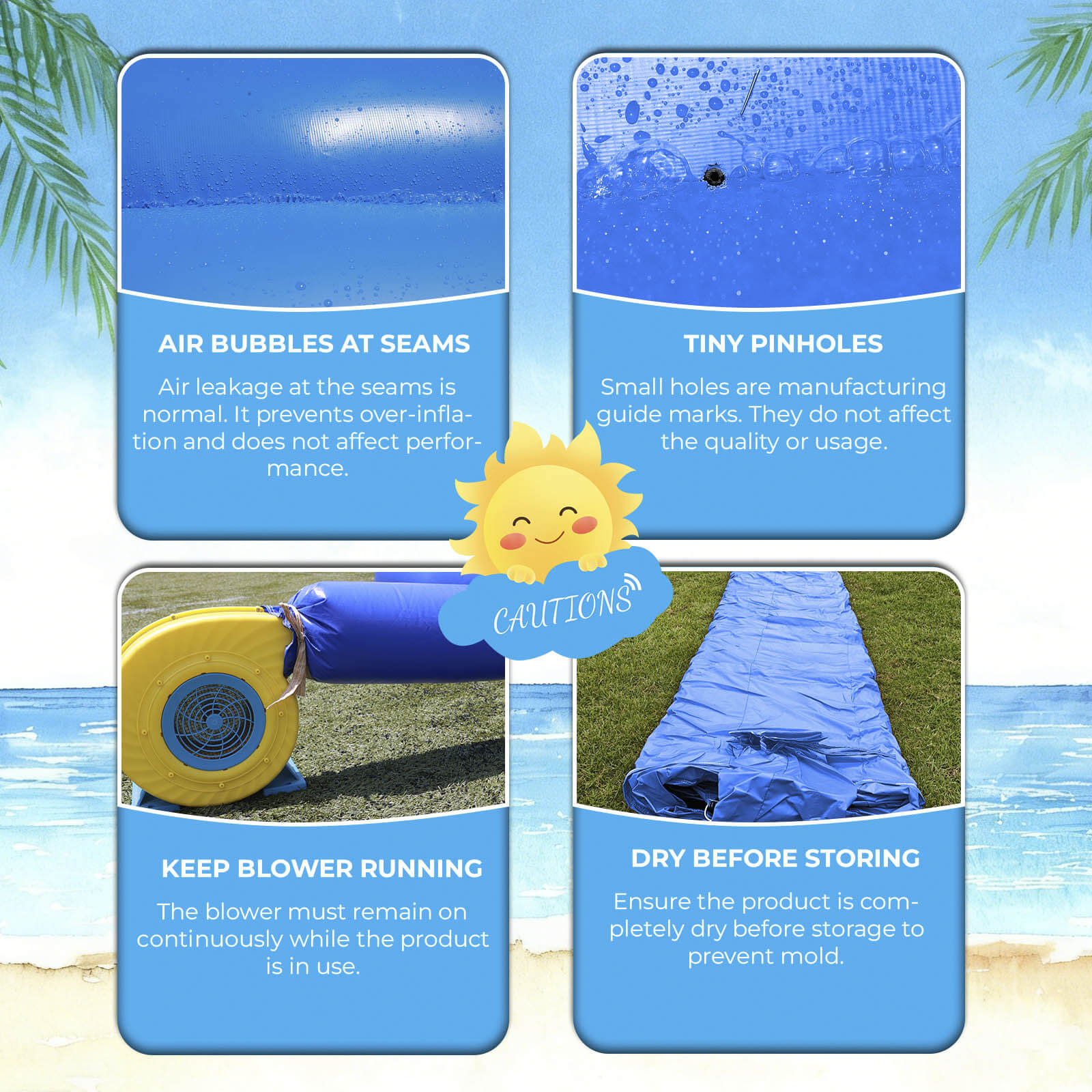 Instructions for a blue inflatable product with text on air bubbles, pinholes, blower usage, and storage.