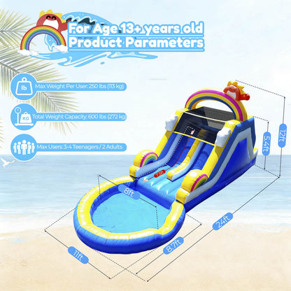 21ft Inflatable Water Slide Pool Home Blue Water Park Dual Lane & Climbing Wall