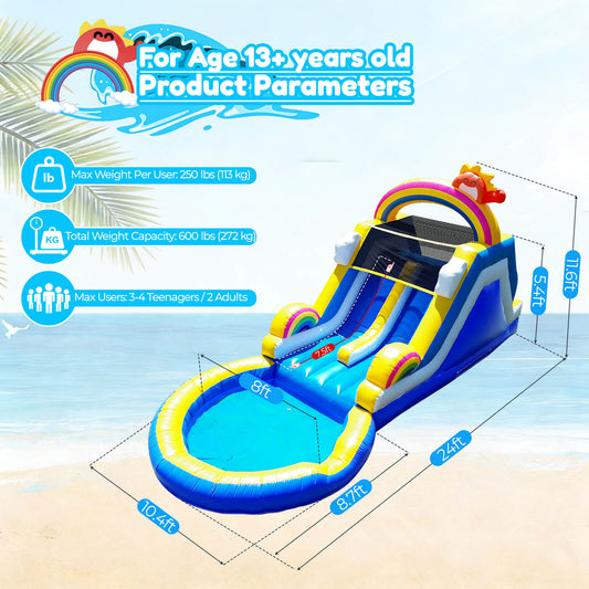 size of 24ft Inflatable Water Slide Pool Dual Lane & Climbing Wall Bouncinlife