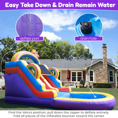 Inflatable water slide with deflate port and drain hole labeled, set outdoors.