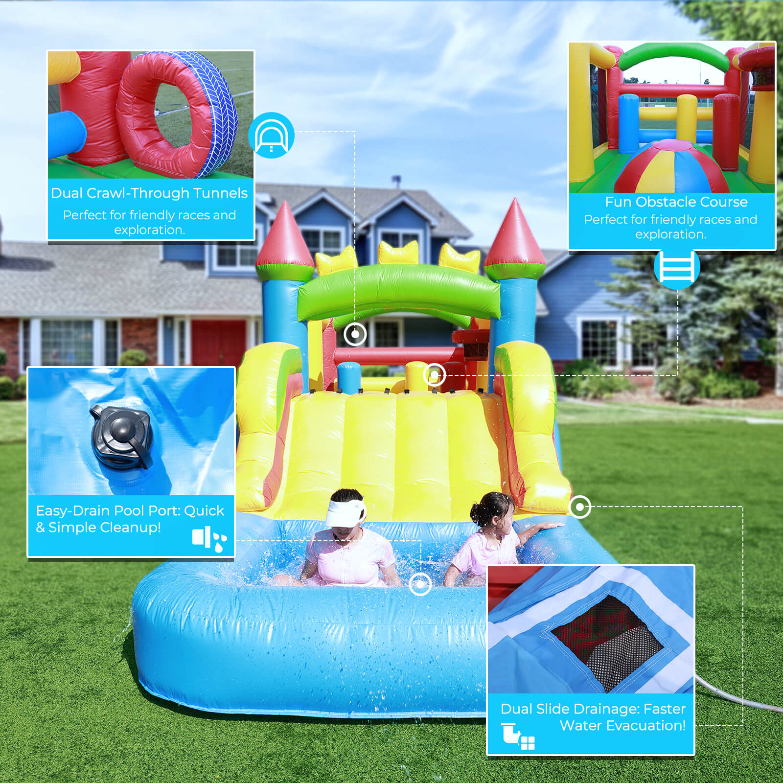 23ft Inflatable Obstacle Course with Water Slide & Blower - Commercial Grade Bouncinlife