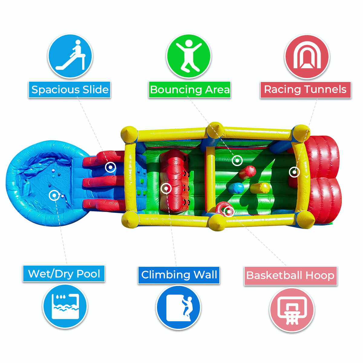 30ft Inflatable Obstacle Course with Water Slide & Basketball - Commercial Grade Backyard Party Rentals Bouncinlife
