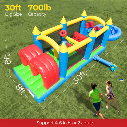 Inflatable obsatcle course with dimensions and capacity details on a grassy background