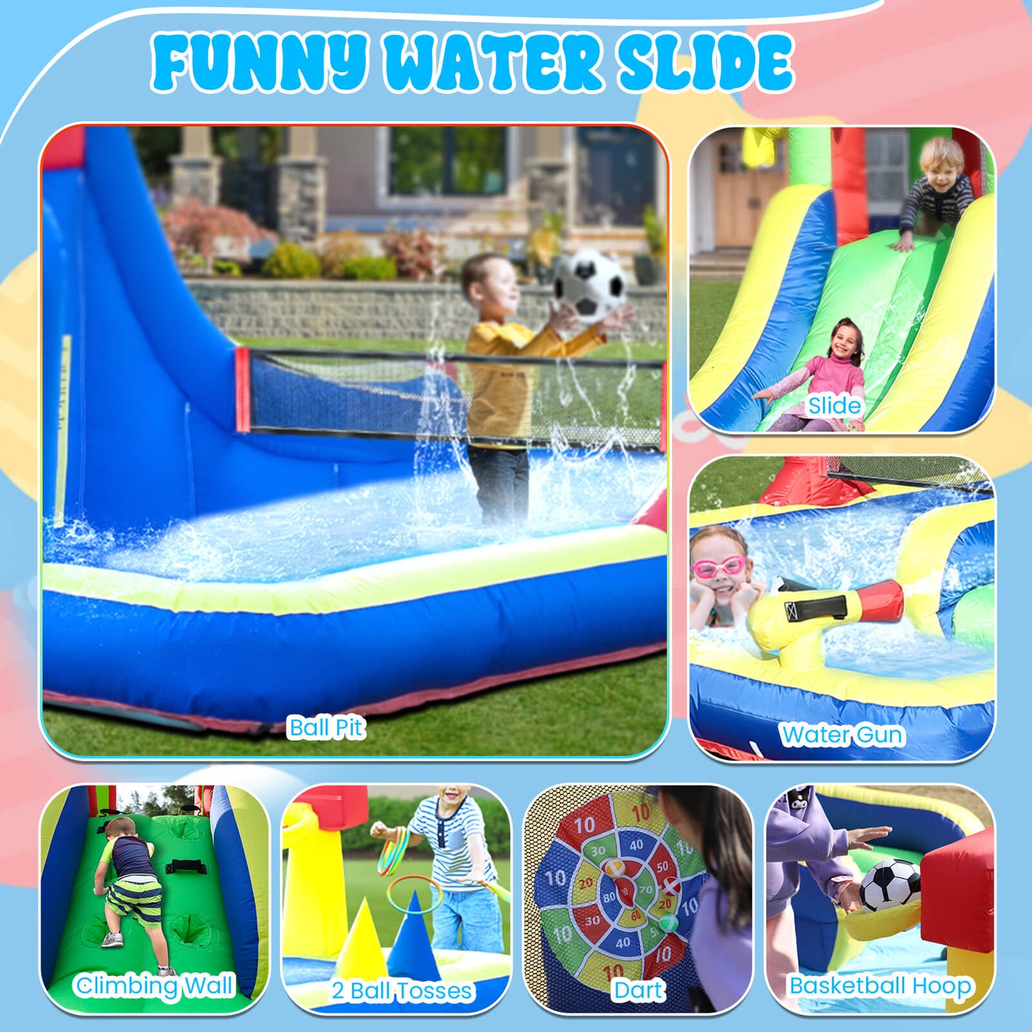 Inflatable Water Slides for Kids 8-in-1 Bounce House Water Park with Blower Splash Pool Water Slide for Gift Backyard Party