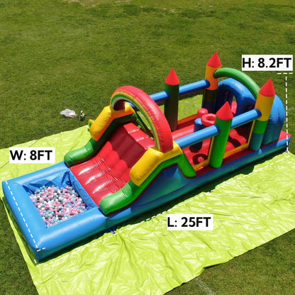 25' Bounce Obstacle Course Inflatable Water Obstacle Course with Slide Wet Dry Pool Interactive Games