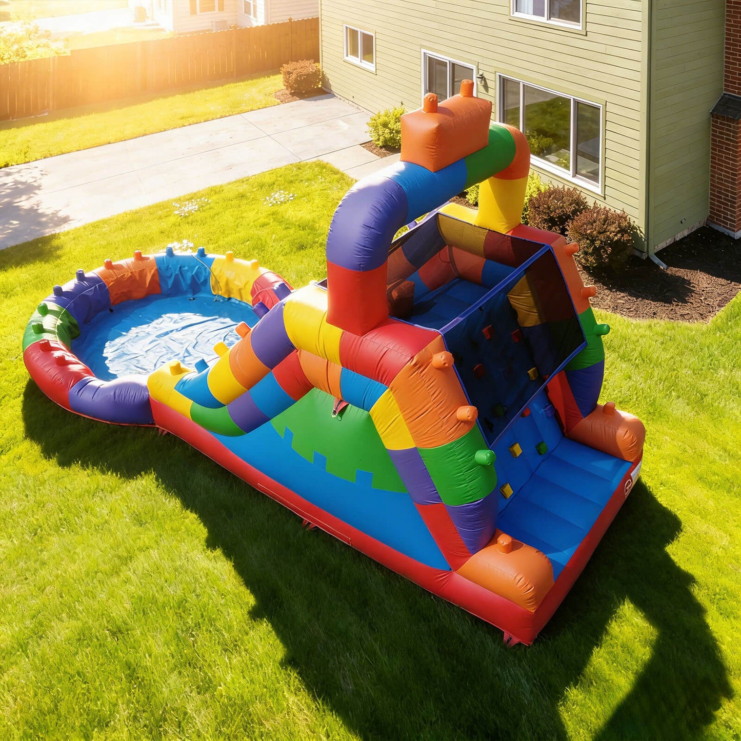 Bouncinlife 26.5ft large block inflatable water park on a grassy lawn in front of a house