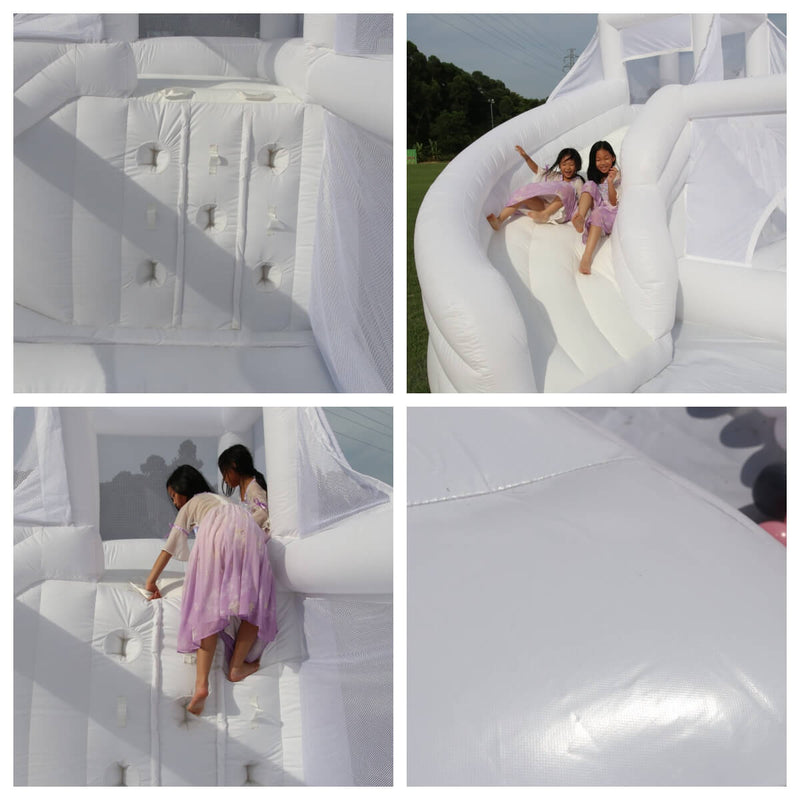 details of 16' white bounce house with big slide | bouncinlife