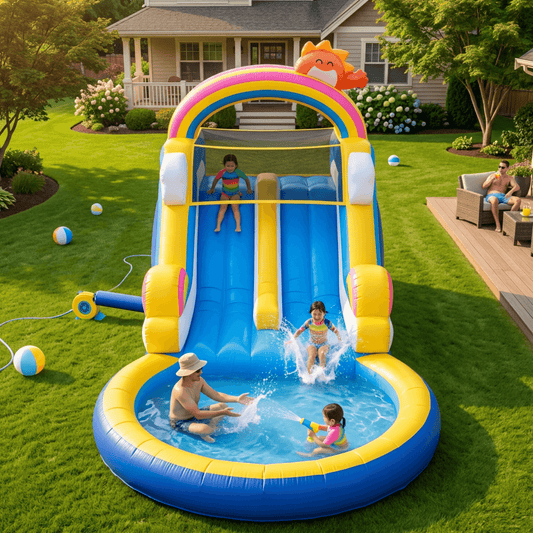 24ft Inflatable Water Slide Pool Home Blue Water Park Dual Lane & Climbing Wall Bouncinlife