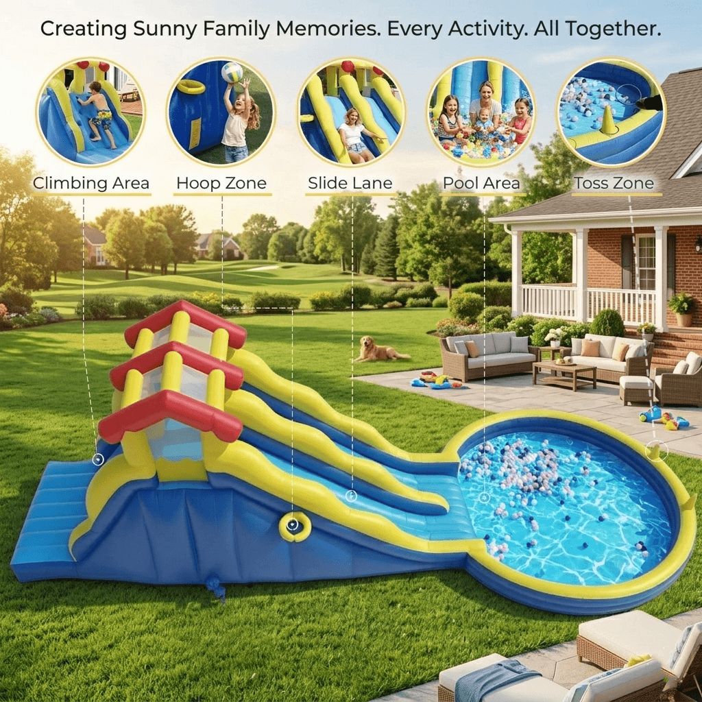 Bouncinlife Premium 840D Oxford inflatable water slide with dual racing lanes.