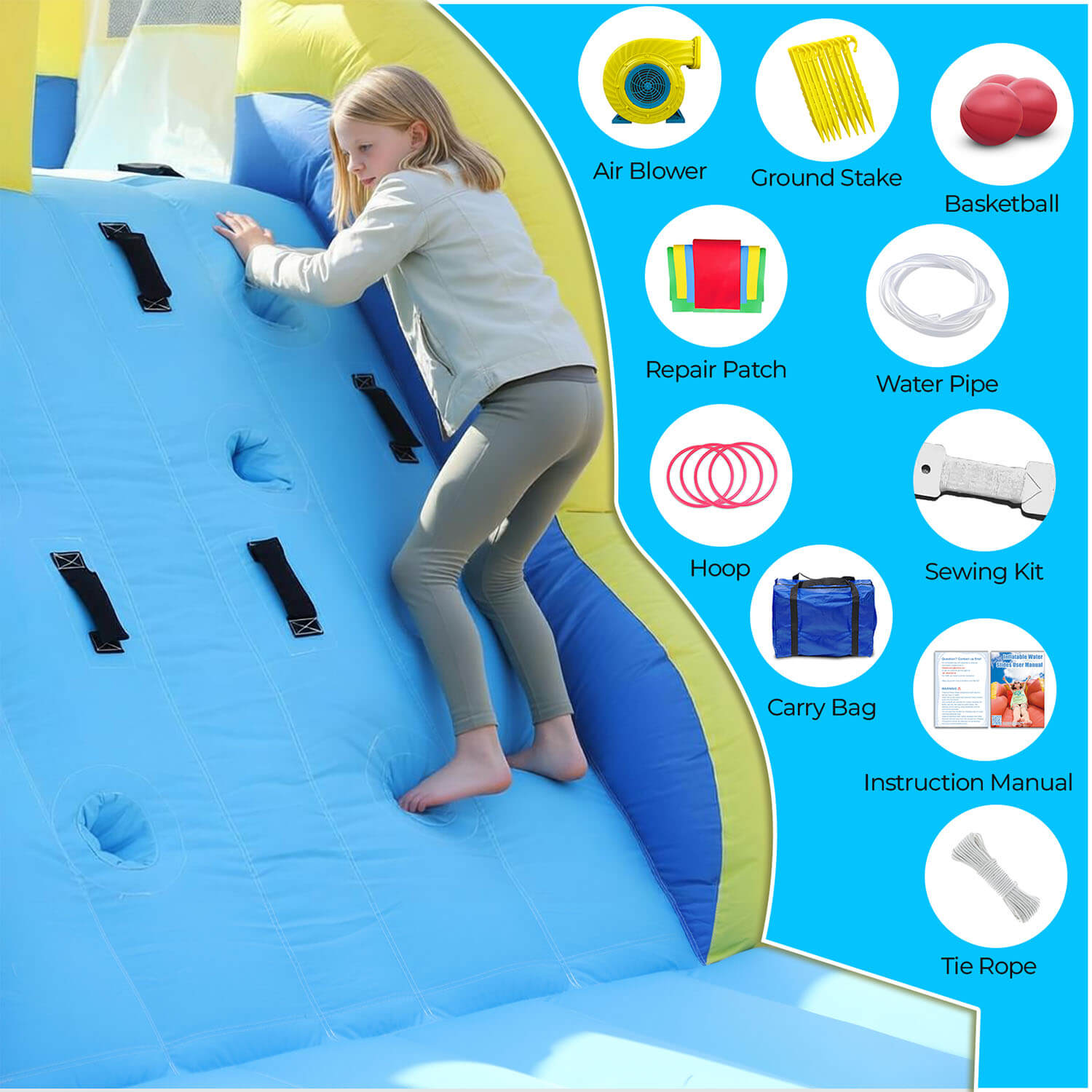 package contents of boucinlife 26.5ft Dual Lane Water Slide for Kids Backyard Water Park
