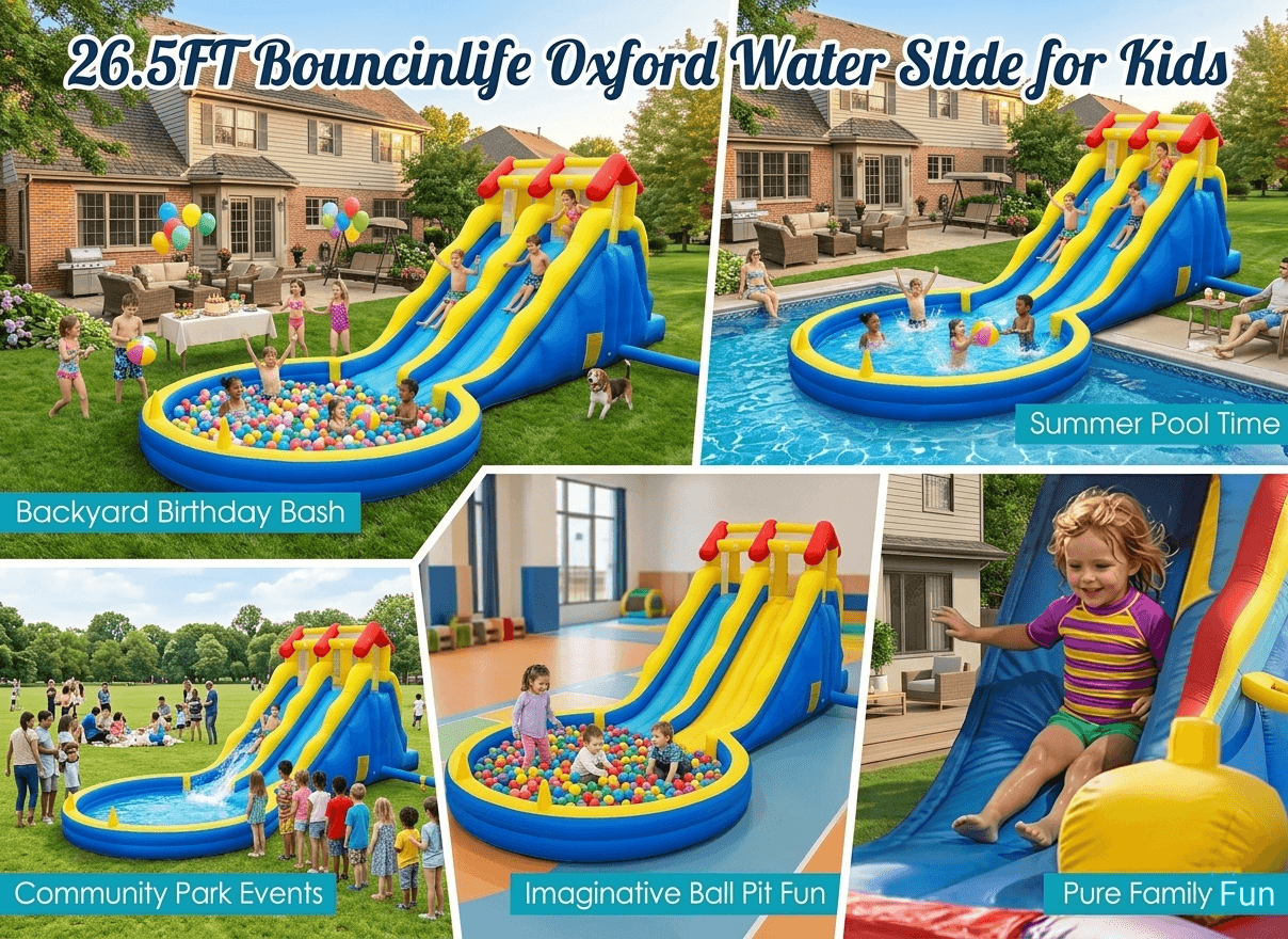 Collage of images showing a 26.5FT Bouncinlife Oxford Water Slide for Kids in various settings.
