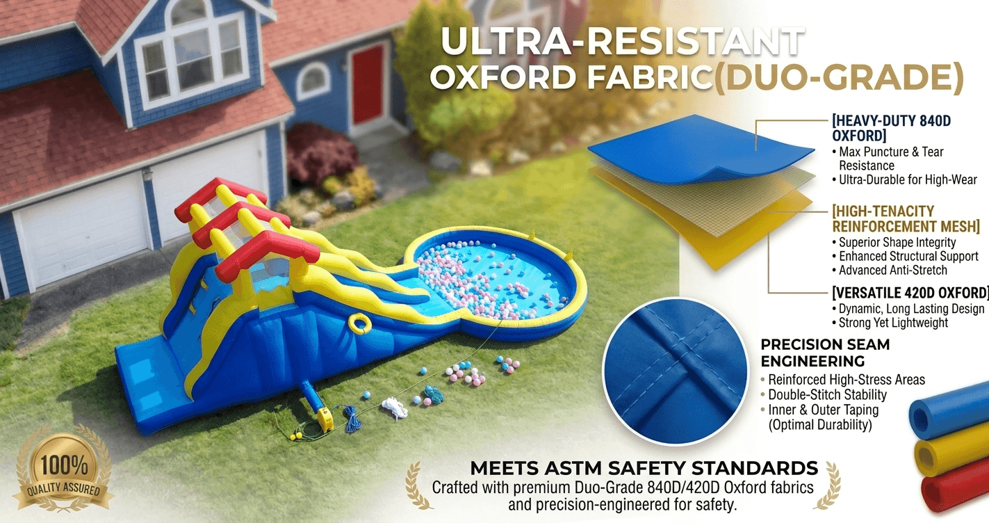 Inflatable slide with pool on grass, surrounded by text about Ultra-Resistant Oxford Fabric.