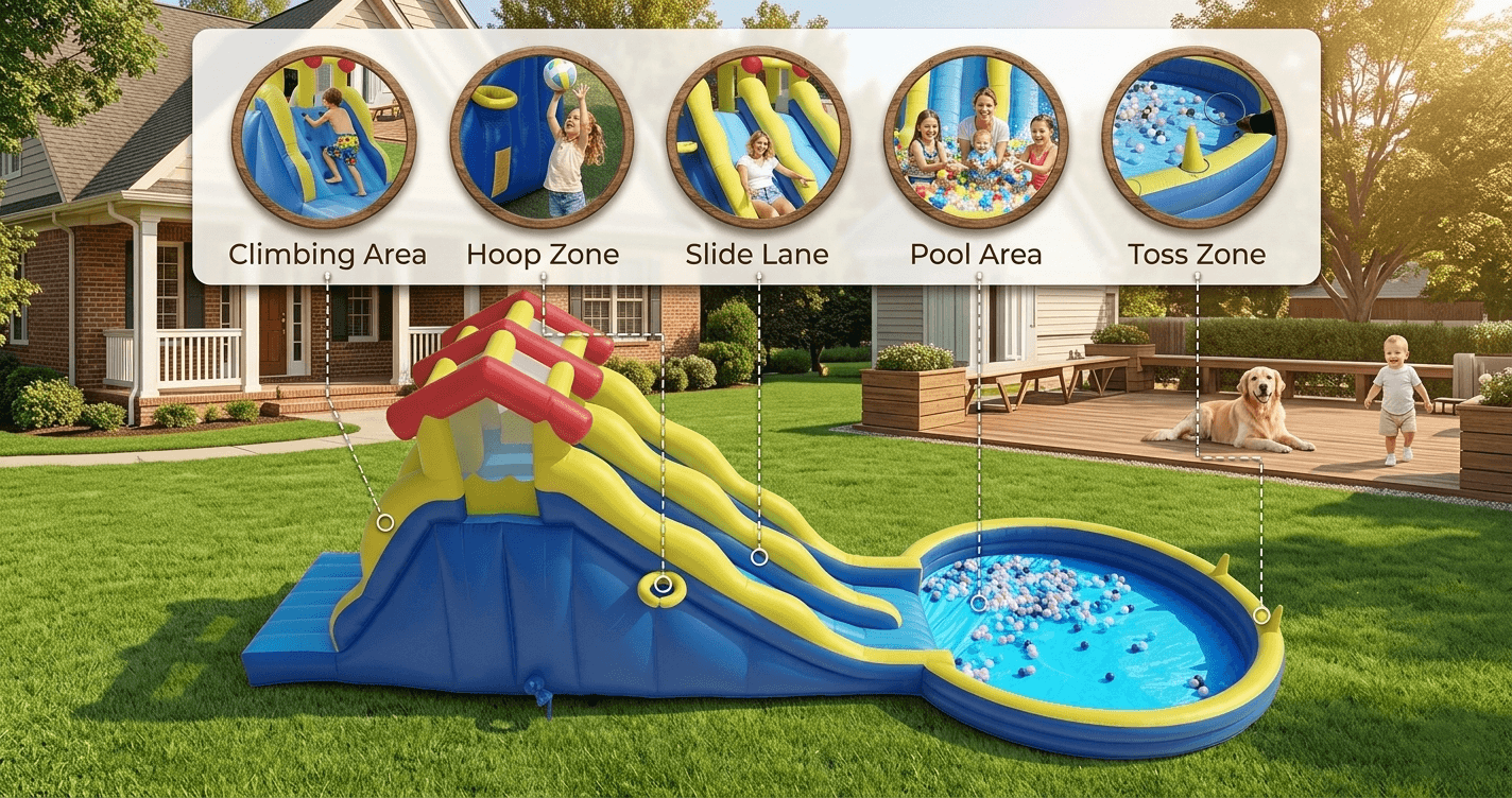 Multi-functional kids bouncinlife inflatable water slide with climbing wall, basketball hoop, and double racing lanes in a lush suburban backyard.