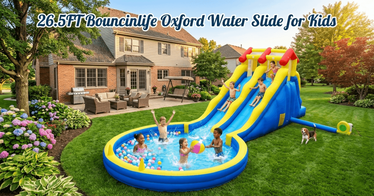 Bouncinlife Inflatable water slide and pool for kids in a backyard setting with children playing.