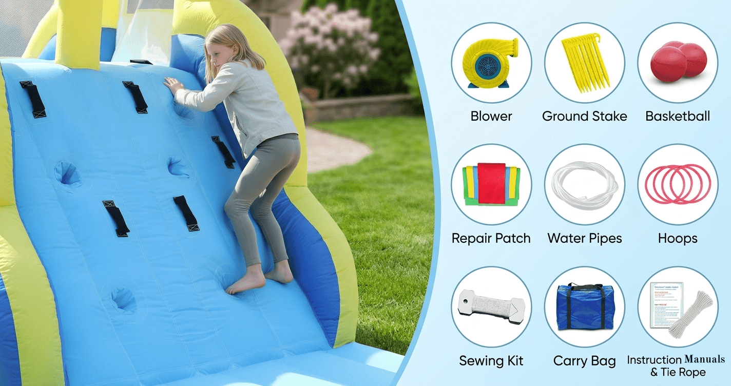 Inflatable slide with a child on it, surrounded by icons and images of accessories on a blue background.